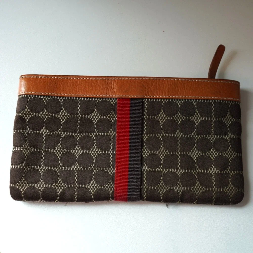 Kate Spade Wristlet Leather Trimmed Printed Tile Weaved‎ Fabric Brown Tan